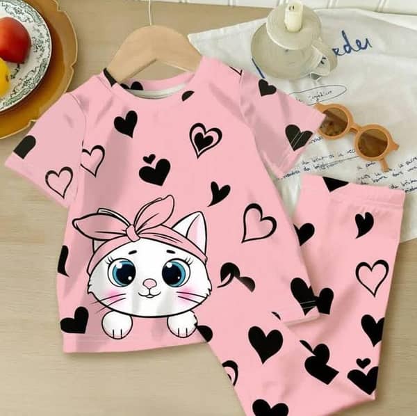 Girls' Summer Outfit Featuring Pink Cat Print T-Shirt and Heart Pattern Trousers for Ages 3-10