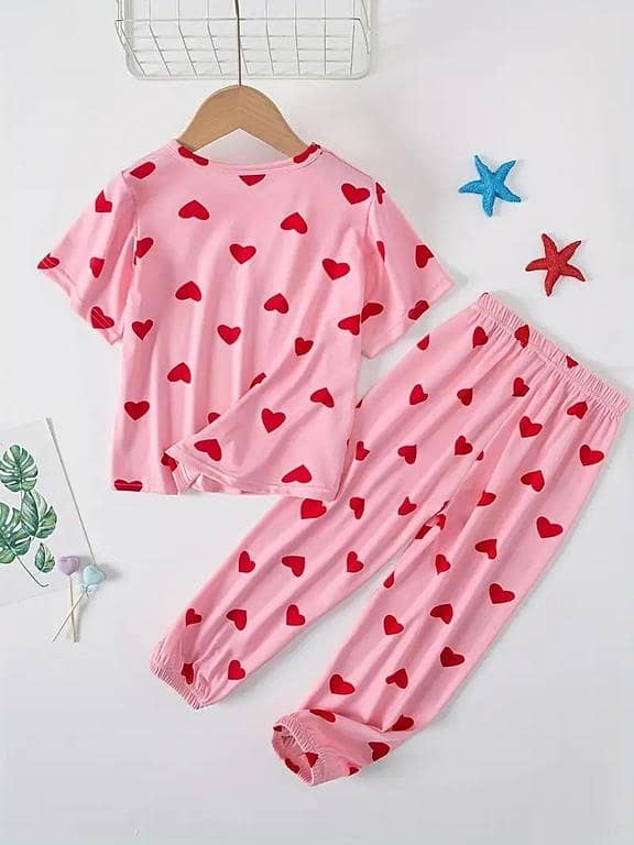 Girls' Cotton 2-Piece Summer Set - Pink Heart Print T-Shirt and Trouser Outfit for Ages 3-10