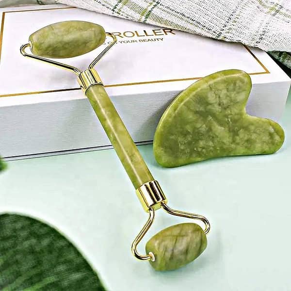 Natural Jade Roller & Gua Sha Stone Set - Anti-Aging Facial Beauty Massager for Skin Care - 100% Authentic Green Jade Stone for Face, Eye & Neck - Lymphatic Drainage & Puffiness Reduction Tool - Facial Sculpting & Wrinkle Repair Kit