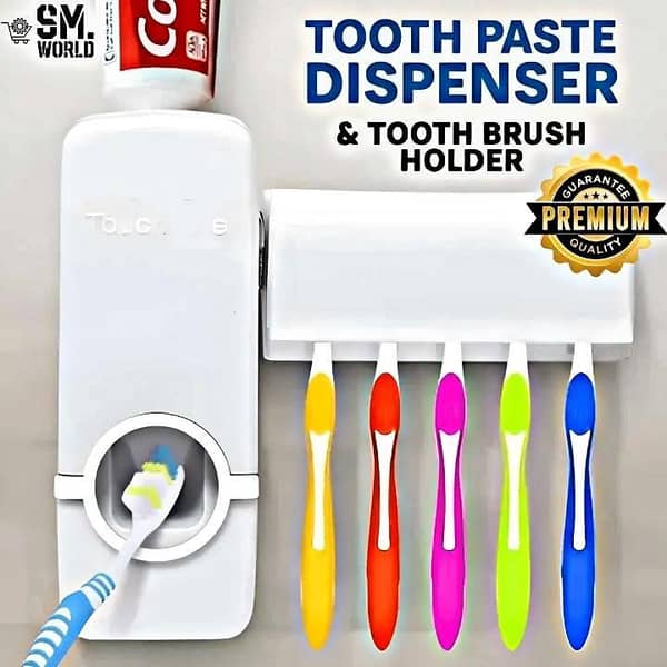 Automatic Toothpaste Dispenser & 5 Toothbrush Holder Set - Wall Mounted Dustproof Toothpaste Squeezer - Punch-Free Sticky Suction Bathroom Organizer - Hygienic Toothbrush Storage Rack for Family - Modern Waterproof Bathroom Accessories 2026