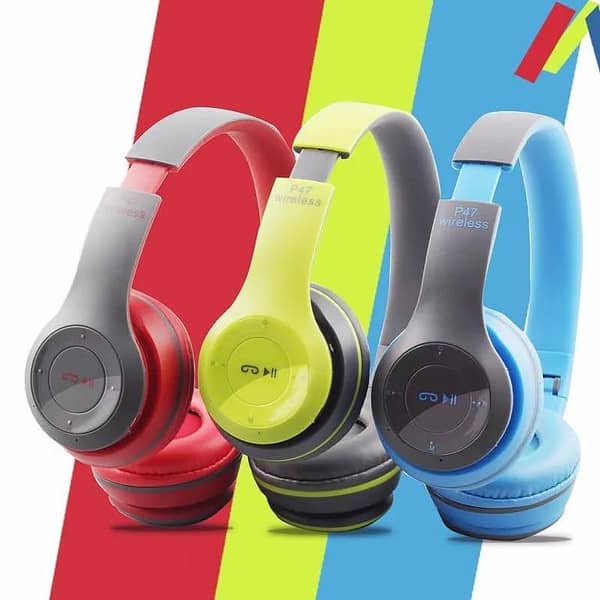 PACK OF 2 PCs ORIGINAL IMPORTED P47 Wireless Bluetooth Head Phones Foldable, Super Bass & Multi-Color Freedom