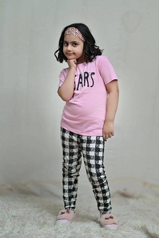 Girls' Summer Outfit Set: Pink Graphic Tee and Checkered Trousers for Ages 3 to 10, Made with Soft Cotton Jersey