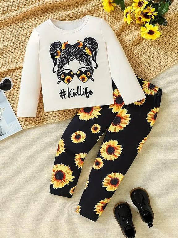 Kids Life Sunflower Pajama Set for Girls Ages 1-8 - Cotton Jersey T-Shirt and Trouser Combo for Daily Wear and Sleep