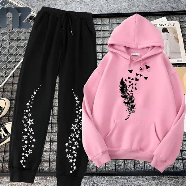 Oversized Women’s Printed Hoodies and Trousers Set for Girls - Comfortable Fleece Sleepwear for Winter