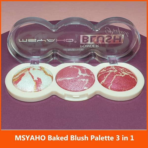 MSYAHO 3-in-1 Baked Blush and Highlighter Palette – Face Makeup Powder for Girls | Natural Finish and Shimmer Glow