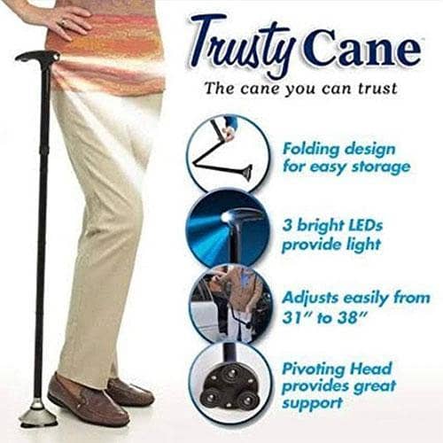 Trusty Cane Sturdy Folding Walking Triple Head With Built in Lights Foldable Walking Sticks