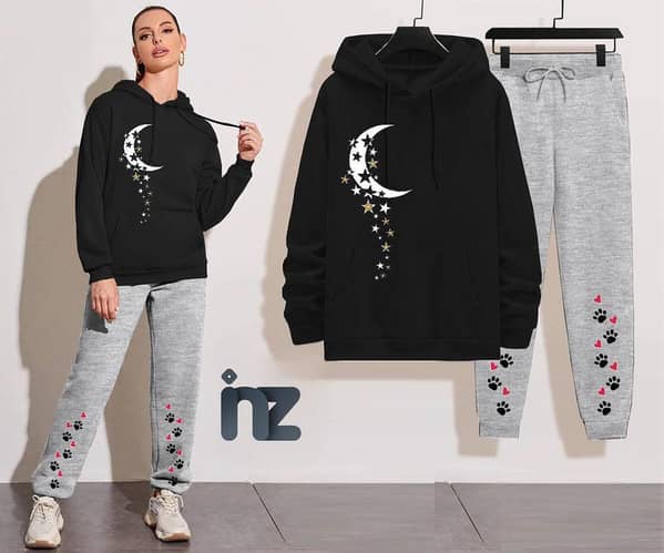 Women’s Meow Print Oversized Hoodies and Trousers Set for Girls - Comfortable Fleece Sleepwear and Loungewear for Winter