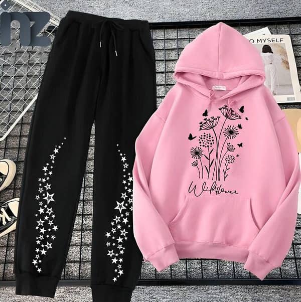 Women's Oversized Comfortable Printed Hoodies and Trousers Set for Girls - Fleece Sweatshirts and Track Suits for Winter