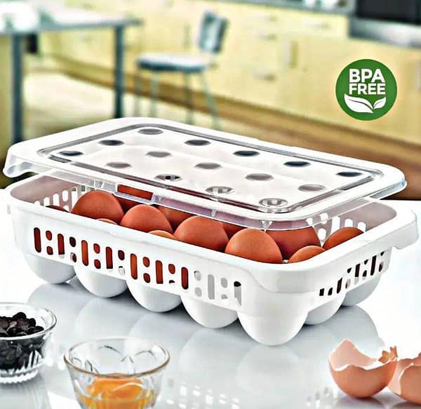 15 Eggs Tray Holder with Lid & Safety Handle Lock - BPA-Free Plastic Refrigerator Egg Storage Box - Stackable Airtight Egg Container - Portable Fridge Organizer for Fresh & Safe Eggs - Heavy Duty Space-Saving Kitchen Storage Case