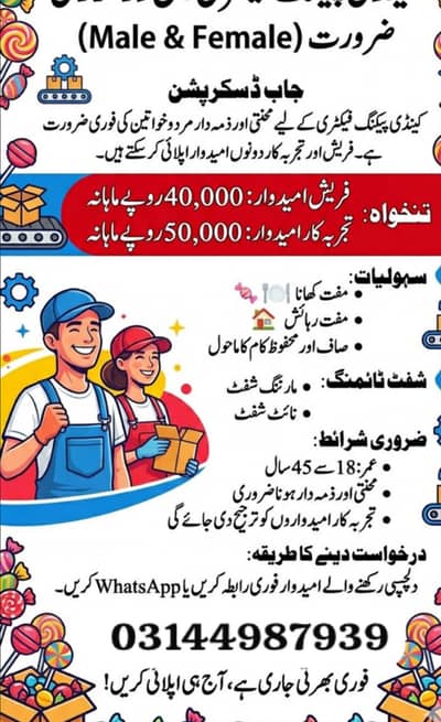 Candy packing staff required male female urgent hiring job lahore jobs