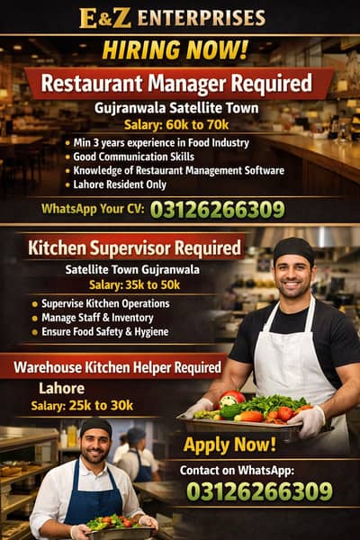 Urgent hiring Restaurant Manger & kitchen supervisor & office boy