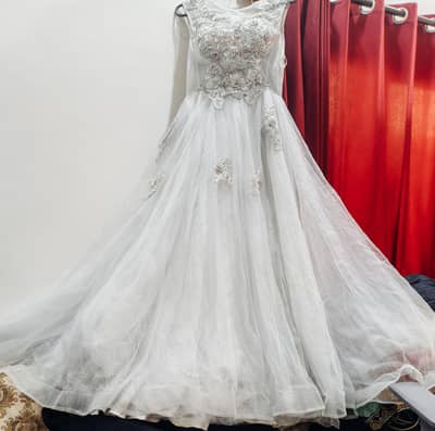 Elegant white & Grey Fairy frock Embroidered Maxi