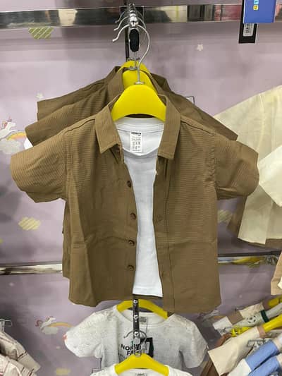 Kids Boys Summer 2-Piece Outfit  Brown Shirt with White T-Shirt