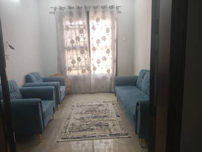 Sofa set with blue Turkish fabric and 10 yrs warranty