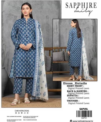 Original sapphire 3pc Unstiched Lawn  Suit -New Arrival