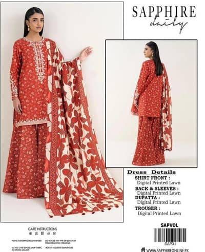 Original sapphire 3pc Unstiched Lawn Suit -New Arrival