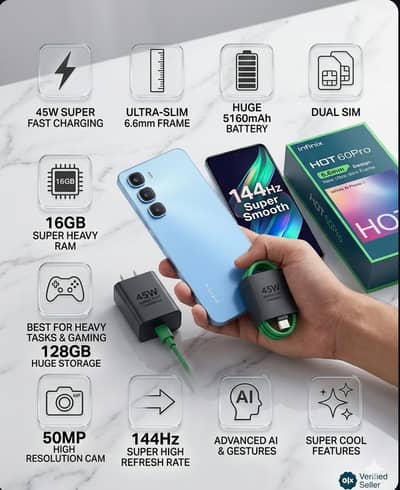 INFINIX HOT 60 PRO – 5160 mAh Battery + 50MP Cam FULL KIT - Box pack