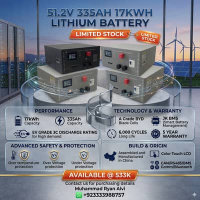 51.2v 335Ah | 17Kwh Lithium Battery | Lithium Iron Phosphate Battery