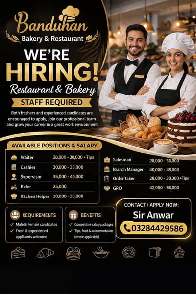 Hiring staff restaurant and bakery staff male and female hiring