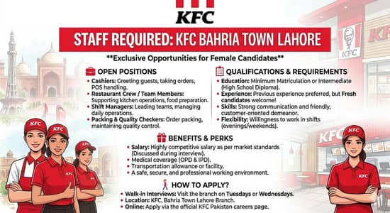 Female Cashiers and Crew Required for KFC Bahria Town