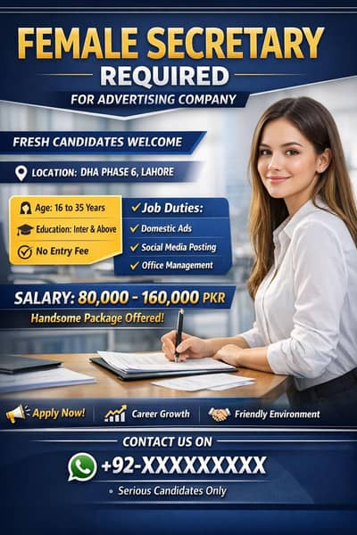 Female Secretary Required for Advertising Company | Fresh Candidates