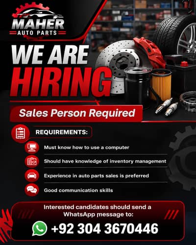 Maher Auto Parts is hiring a Sales Person for our shop on Kashmir Road