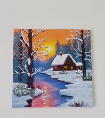 "Snowy Cabin Sunset Painting Handmade Acrylic Art"