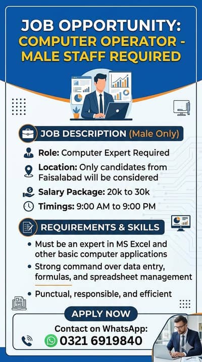 Computer Expert Required  Male –Faisalabad