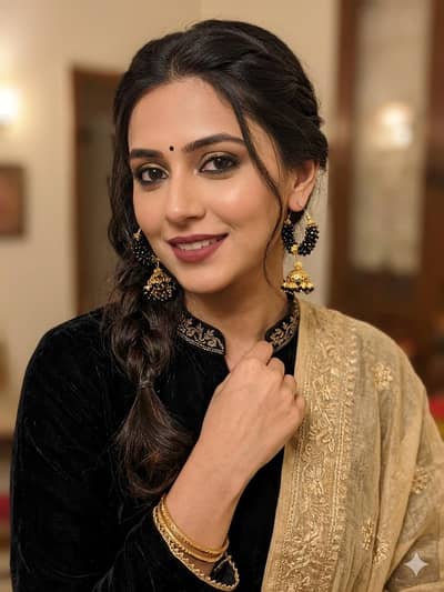 Vintage-Style Gold & Black Beaded Jhumka Hoop Earrings