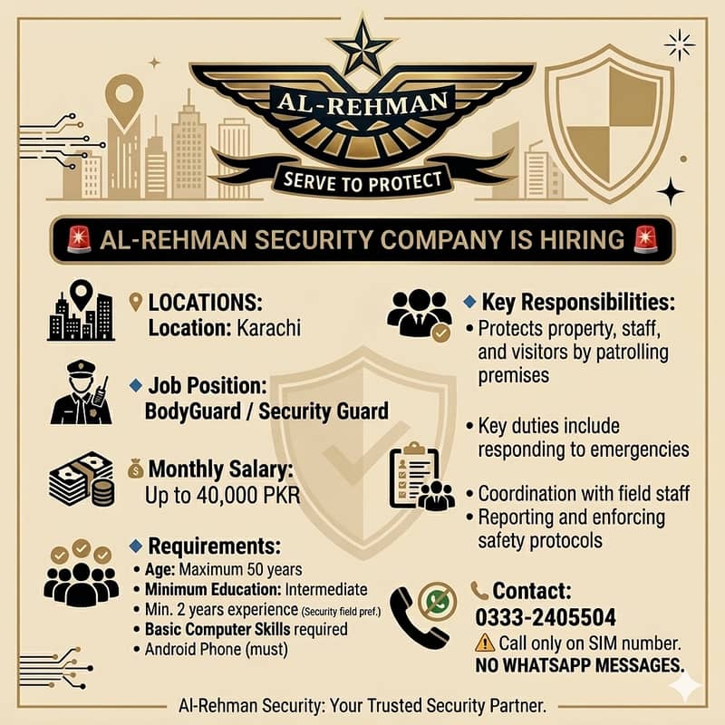الرحمان سیکیورٹی کمپنی کو ریٹائرڈ آرمی اہلکار کی ضرورت ہے |40000 تنخوا 1