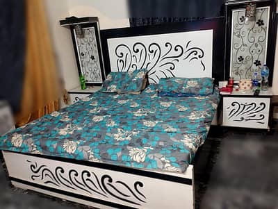 Luxury Black & White Double Bed Set with Side Tables & Dressing Table