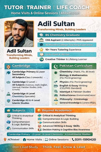 Experienced Tutor Abbottabad | Cambridge, FSc, CSS Coaching.