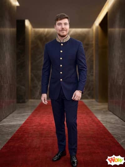 Premium Navy Blue Prince Coat with Designer Gold Collar