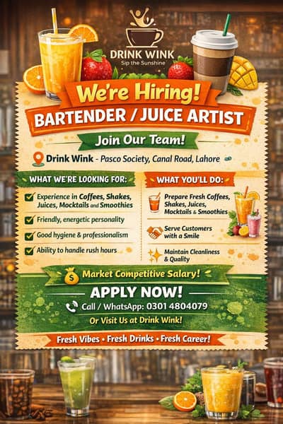 Bartender required for a Coffee and Juice Bar