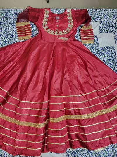Stunning Red Silk Anarkali Frock & Trouser with Golden Embroidery