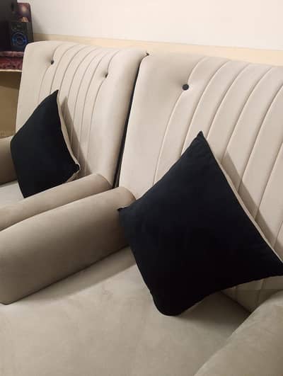 7 seater luxury velvet sofa set beige and black | molty form| gold leg