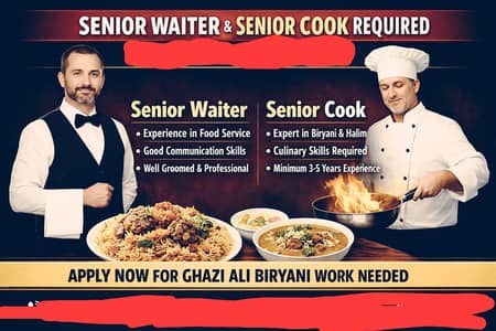 Senior Waiter & Senior Cook Needed (Lahore
