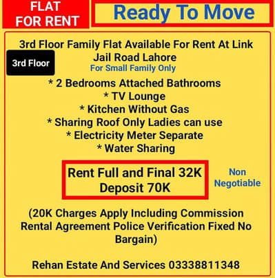 3rd Floor Family Flat For Rent At Link Jail Road LHR