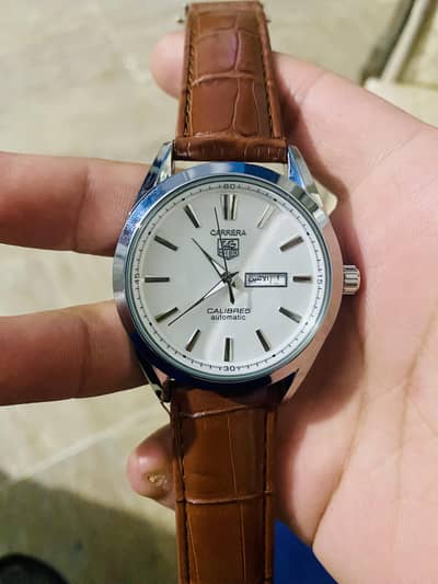 Heuer Carrera Calibre brown leather strap white automatic