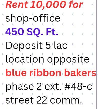 DHA office/shop 1oooo /mo. near Blue ribbon bakers phase 2 ext. DHA