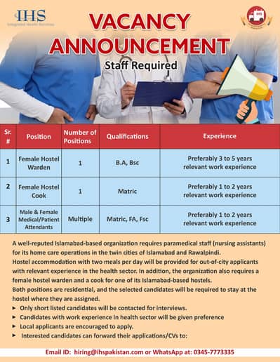 VACANCY ANNOUNCEMENT- Staff Required