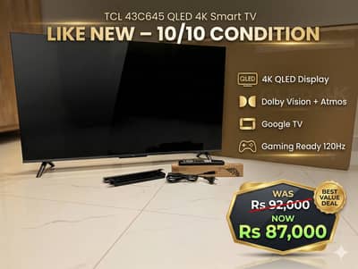 TCL 43" 4K QLED Smart TV (Model 43C645) - 10/10 Condition Like New