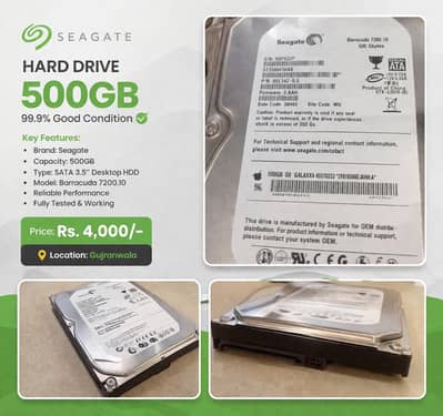 Seagate 500GB HDD | 99.9% Good Condition Seagate Top Brand,Gujranwala