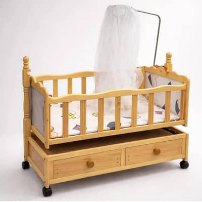 Wooden Baby Swing Cot with Wheels & Mosquito Net – Strong & Stylish