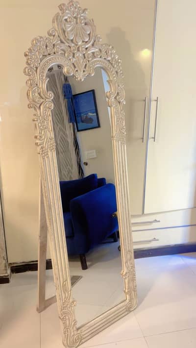 Antique Baroque Full-Length Standing Floor Mirror – Silver/Cream