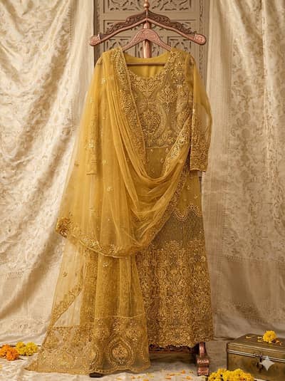 Brand New Luxury Mustard Gold Heavy Embroidered Party Wear Maxi -
