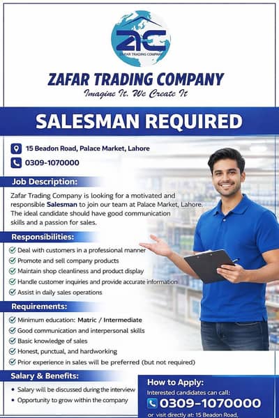 Salesman Required | Male Staff | Jobs in Lahore