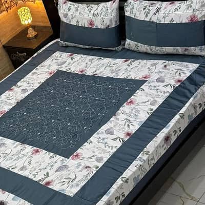 Cotton Embroidered Patchwork Double Bedsheet Blue 3 Pcs