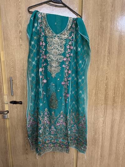 Luxury Teal Chiffon Embroidered Suit with Silk Trouser (Unstitched)
