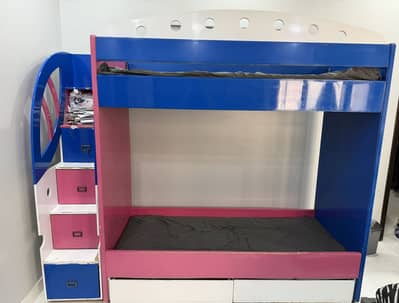 Modern Pink & Blue Bunk Bed with Built-in Storage & stairs & drawers
